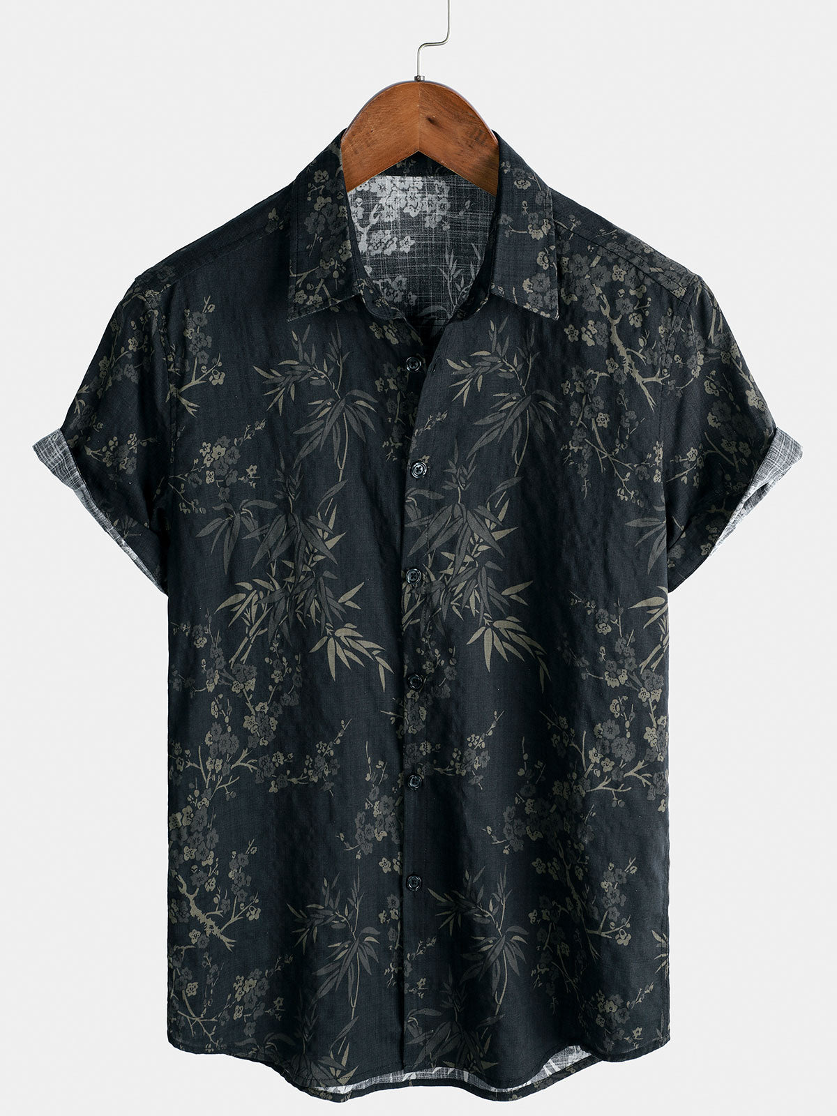 Camisa informal elegante de manga corta con estampado floral retro para hombre