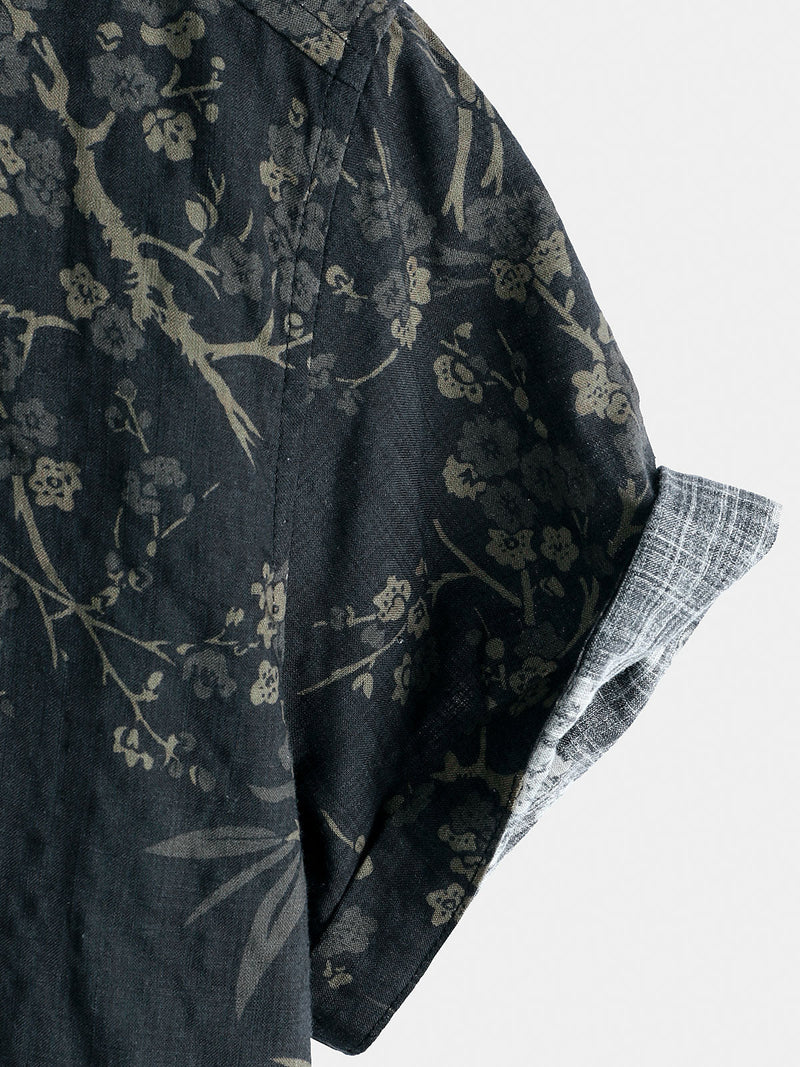Camisa informal elegante de manga corta con estampado floral retro para hombre