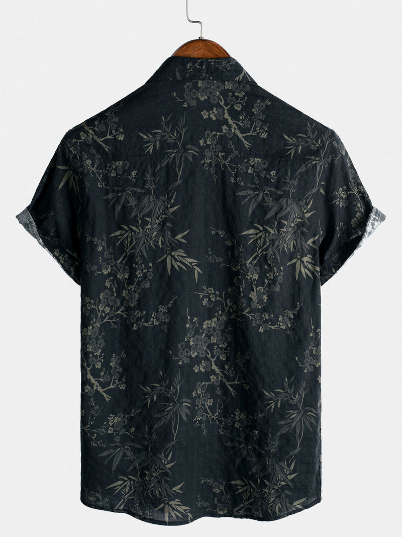 Camisa informal elegante de manga corta con estampado floral retro para hombre