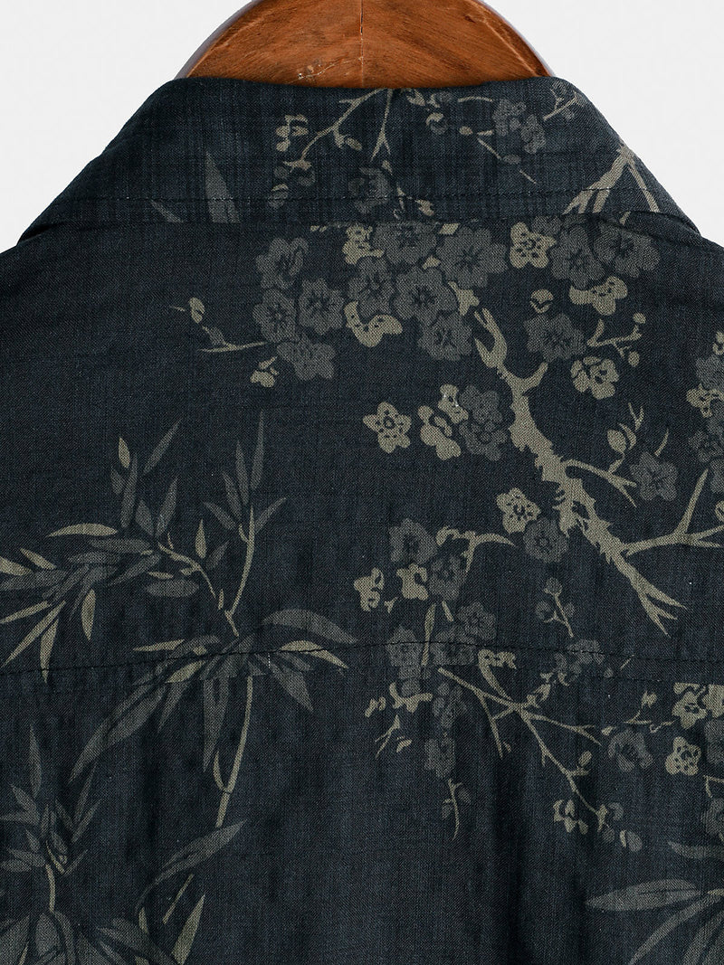 Camisa informal elegante de manga corta con estampado floral retro para hombre