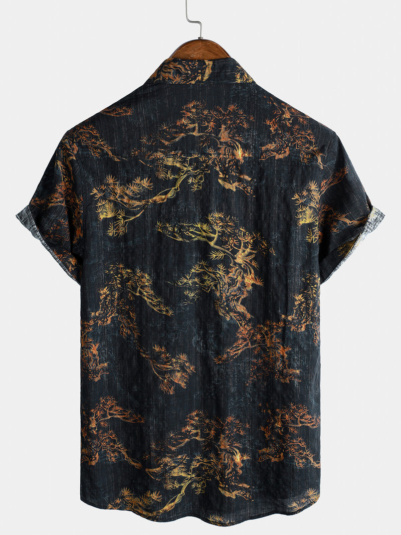 Camisa casual de manga corta con estampado retro para hombre