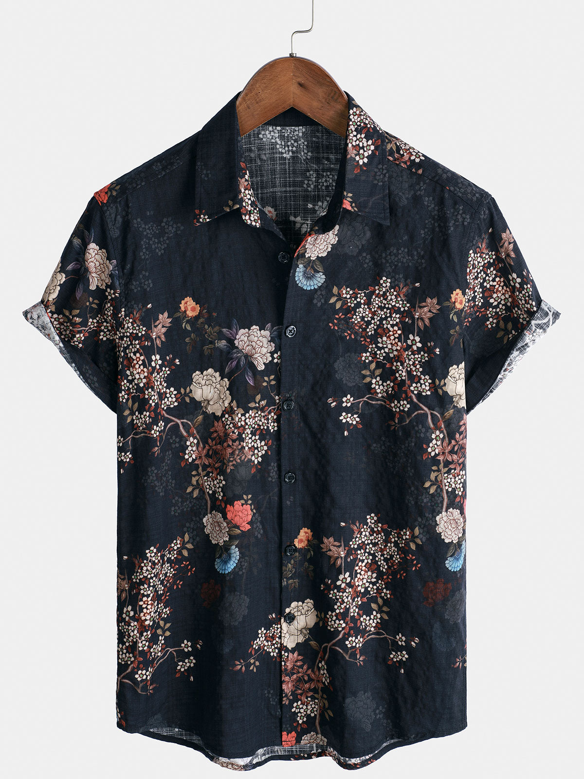 Camisa de manga corta con botones y estampado floral retro para hombre