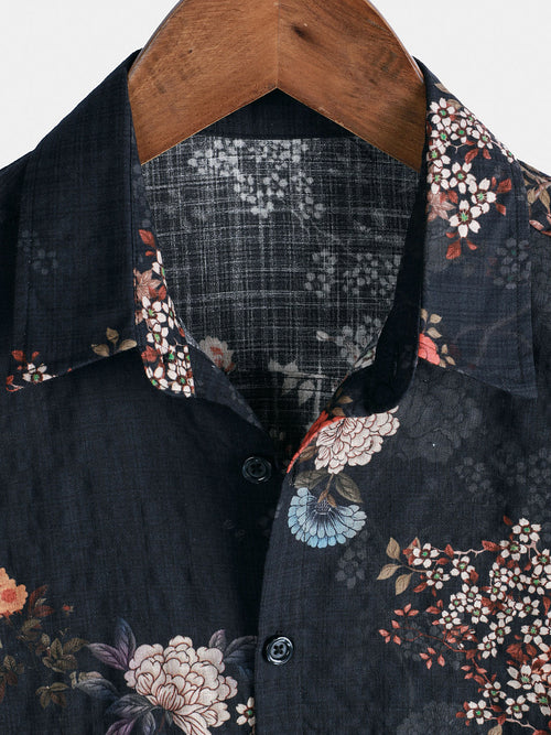 Camisa de manga corta con botones y estampado floral retro para hombre
