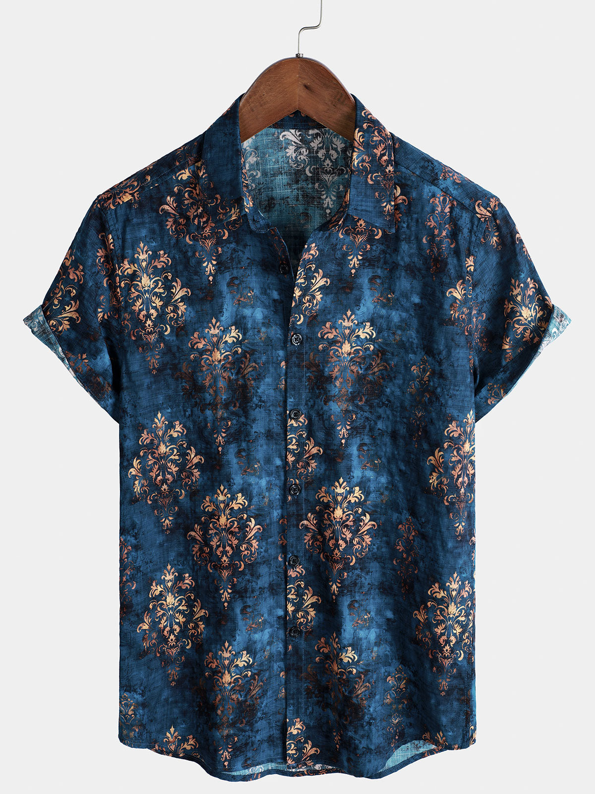 Camisa retro de verano azul de manga corta con botones para hombre