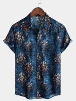 Camisa retro de verano azul de manga corta con botones para hombre