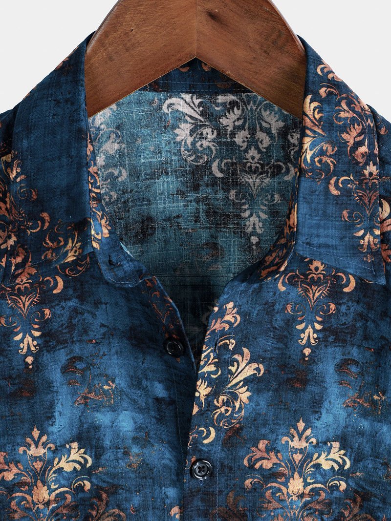 Camisa retro de verano azul de manga corta con botones para hombre