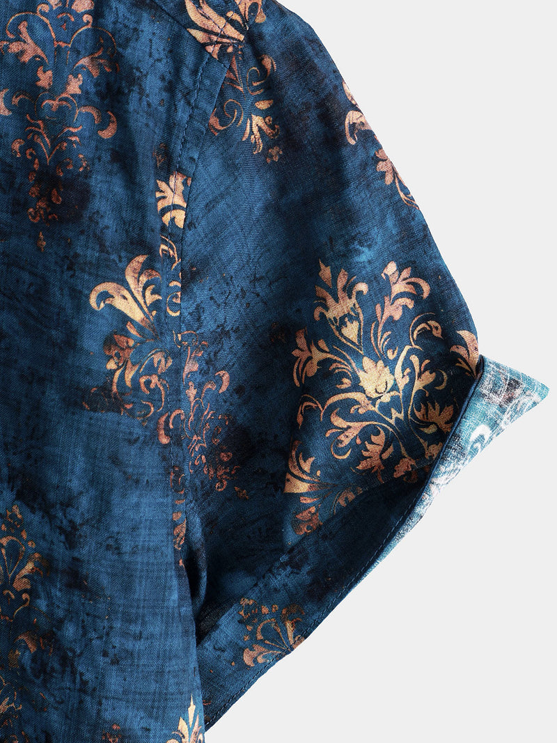 Camisa retro de verano azul de manga corta con botones para hombre