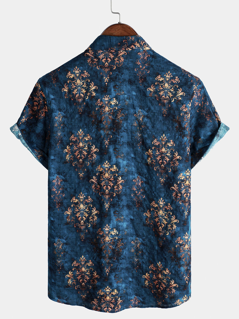 Camisa retro de verano azul de manga corta con botones para hombre