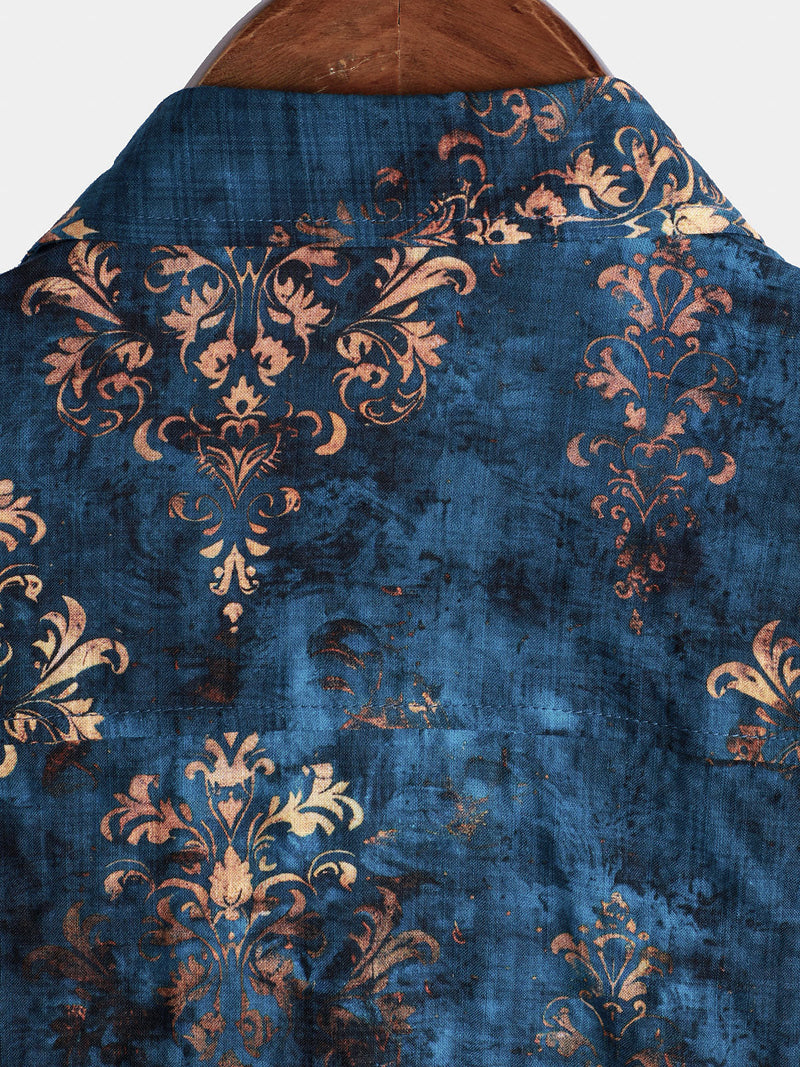 Camisa retro de verano azul de manga corta con botones para hombre