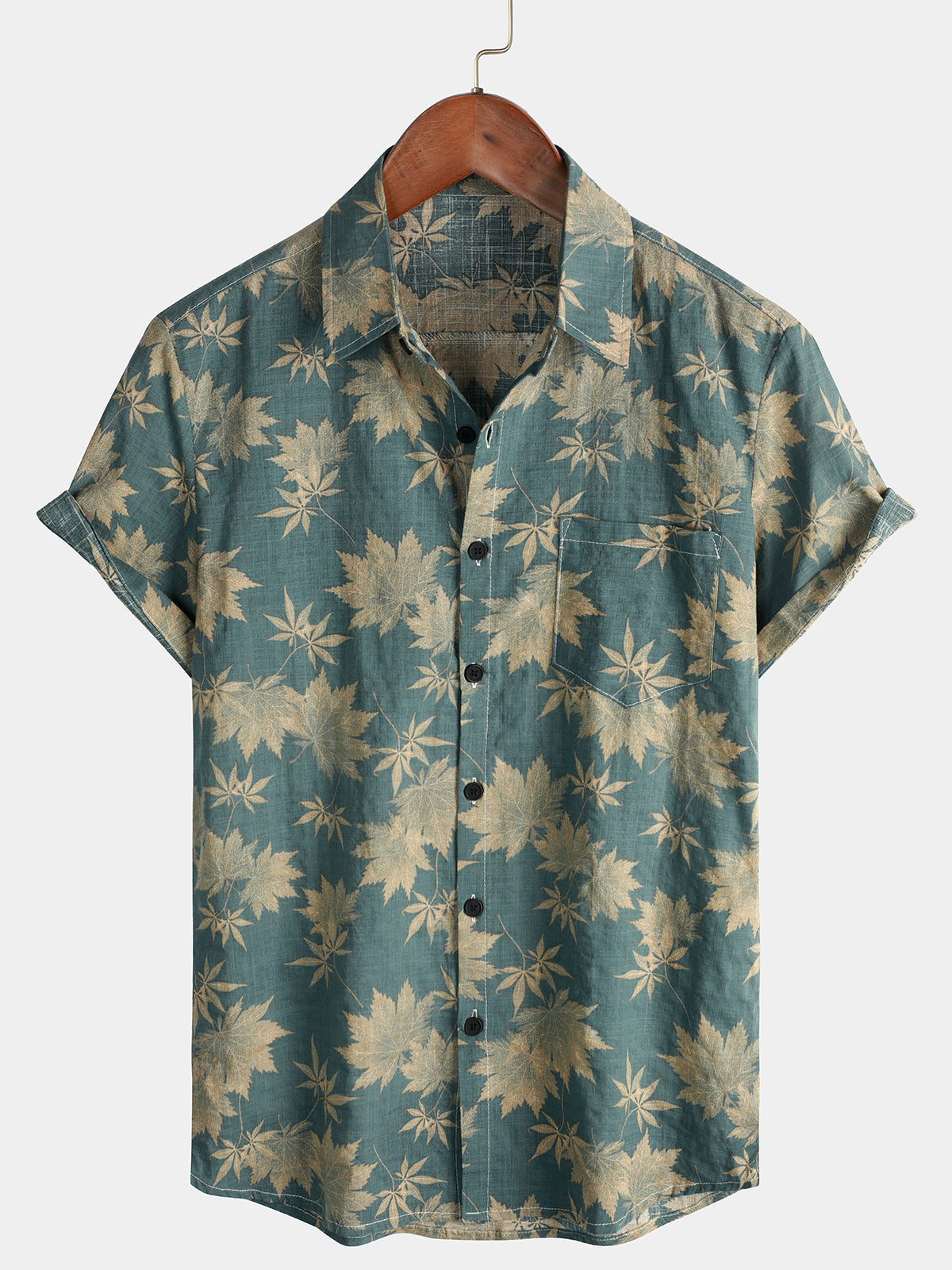 Camisa de manga corta con estampado de hojas de arce de verano para hombre