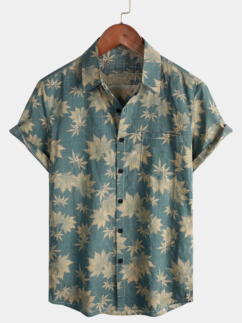 Camisa de hombre de verano de manga corta con bolsillo de algodón transpirable con diseño de hoja de arce