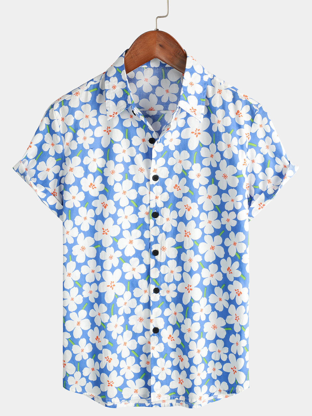 Camisa casual de manga corta con estampado floral azul para hombre