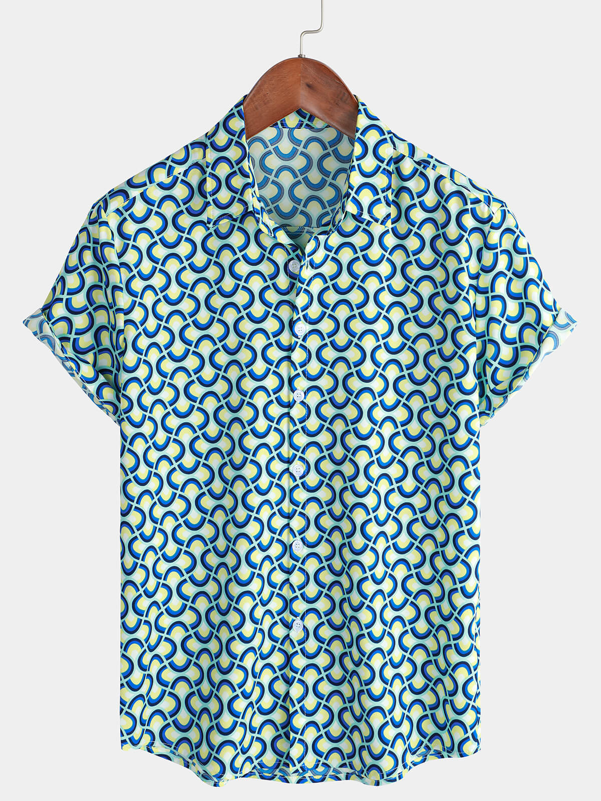 Camisa informal de verano de manga corta con estampado geométrico azul para hombre