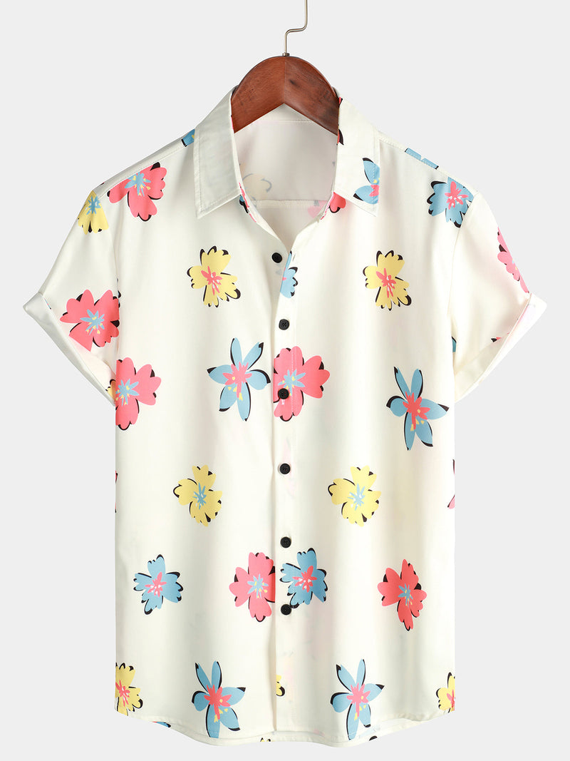 Camisa de manga corta blanca con estampado floral y botones para hombres ideal para el verano