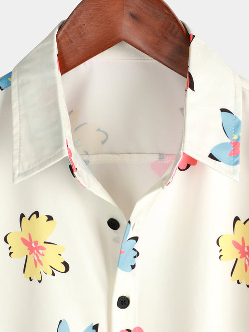 Camisa de manga corta blanca con estampado floral y botones para hombres ideal para el verano