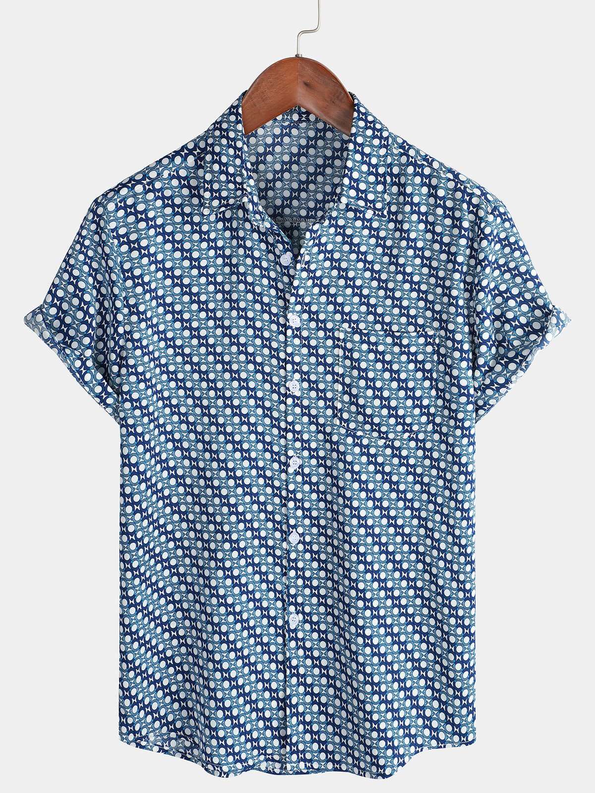 Camisa informal de verano de manga corta con botones azules para hombre