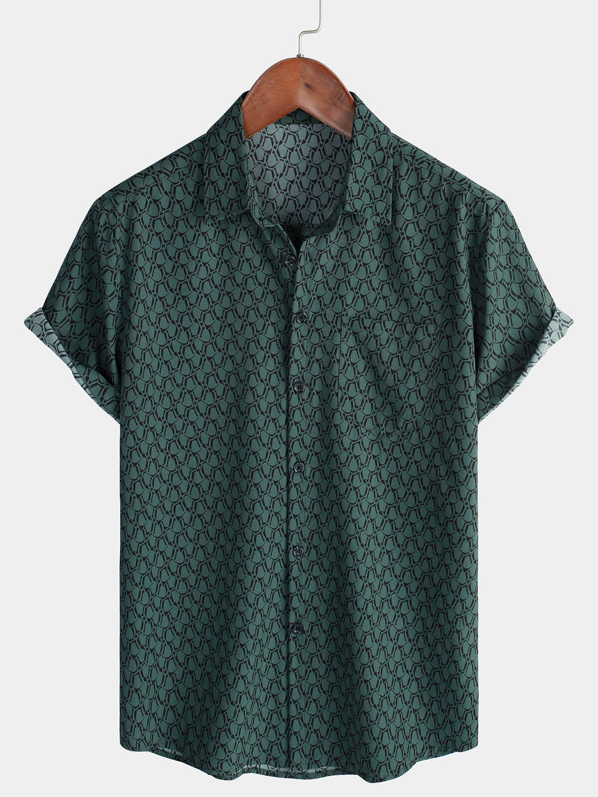 Camisa informal de manga corta con botones verdes para hombre
