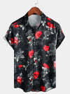 Camisa casual de manga corta negra para hombres con botones y estampado floral ideal para la playa en verano