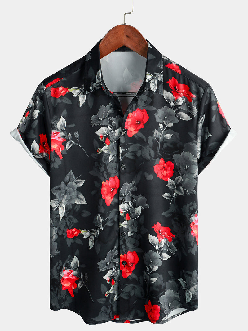 Camisa casual de manga corta negra para hombres con botones y estampado floral ideal para la playa en verano