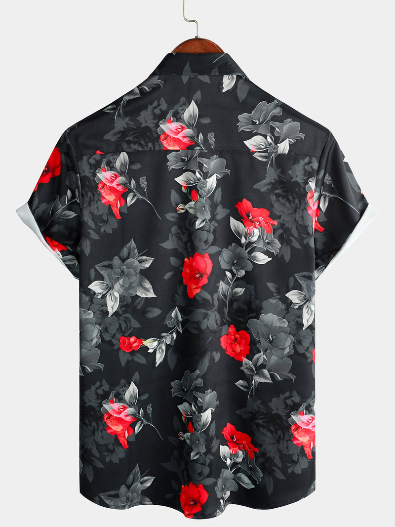 Camisa casual de manga corta negra para hombres con botones y estampado floral ideal para la playa en verano