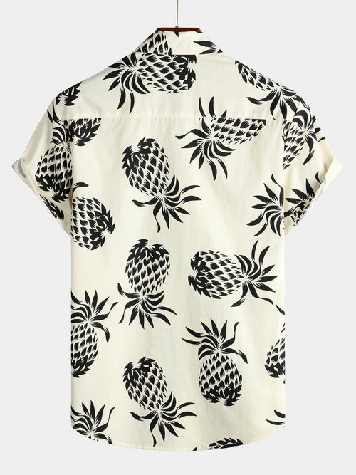 Camisa hawaiana de manga corta con botones en color beige para verano, de algodón y estampado de piña para hombre