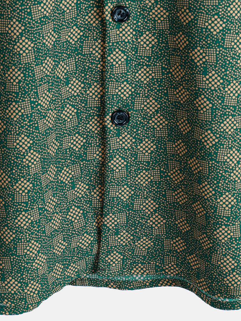 Camisa de manga corta con bolsillo verde y estampado geométrico retro para hombre