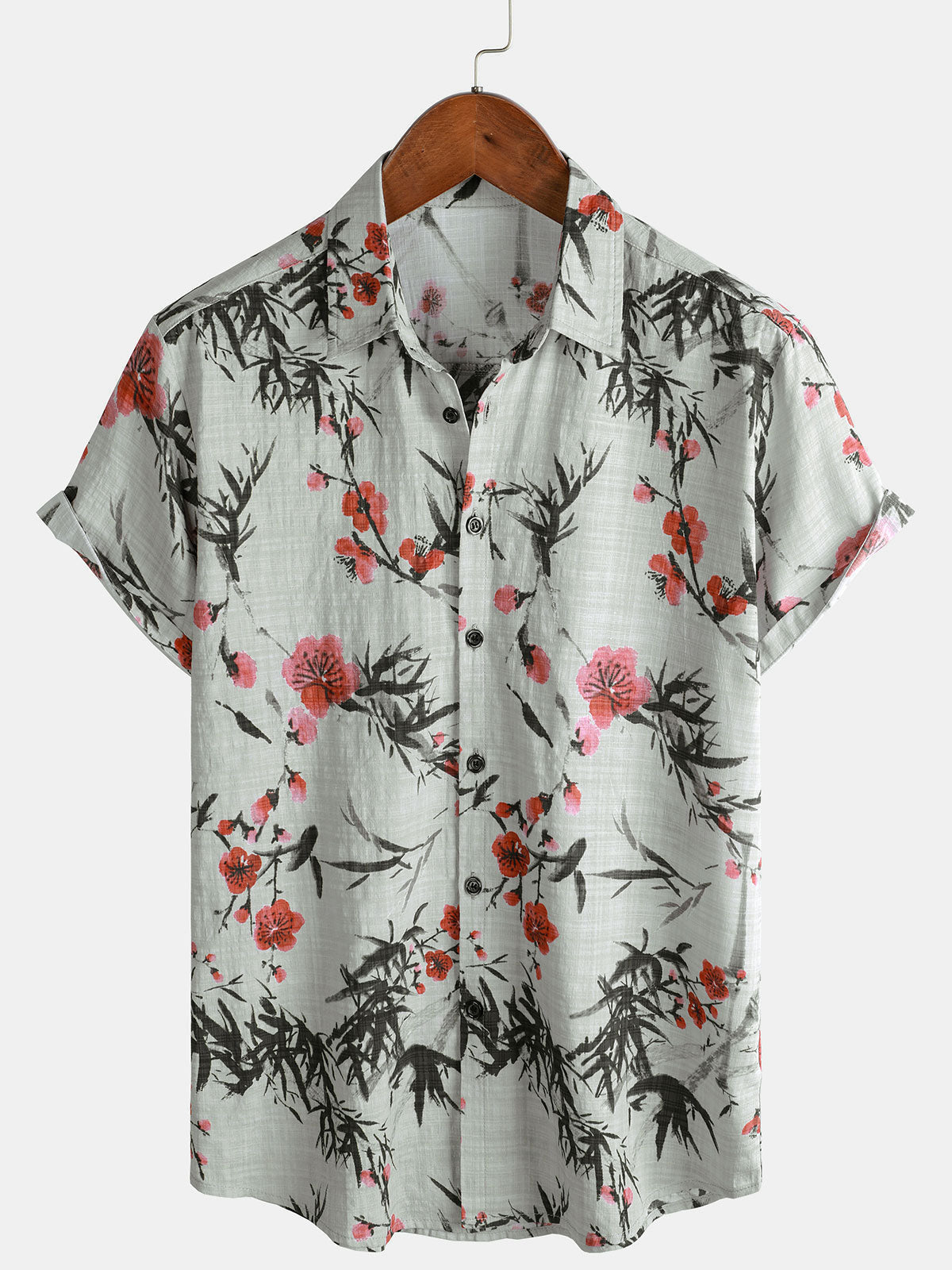 Camisa de manga corta de verano retro con estampado de flores rojas para hombre