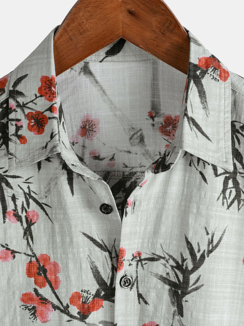 Camisa de manga corta de verano retro con estampado de flores rojas para hombre