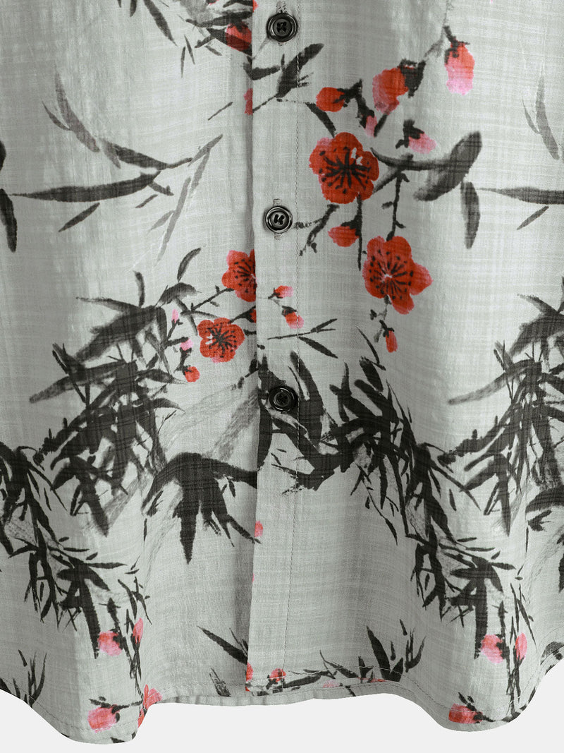 Camisa de manga corta de verano retro con estampado de flores rojas para hombre