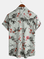 Camisa de manga corta de verano retro con estampado de flores rojas para hombre