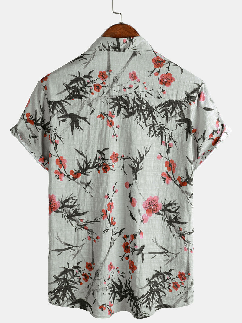 Camisa de manga corta de verano retro con estampado de flores rojas para hombre