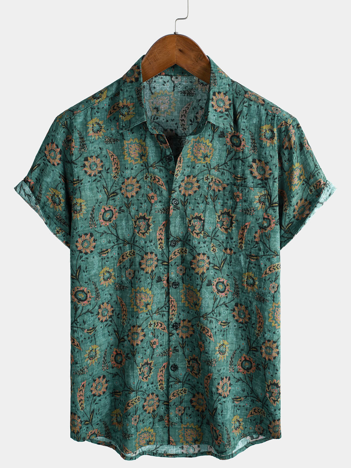 Camisa de manga corta de algodón transpirable con bolsillo y estampado floral retro para hombre