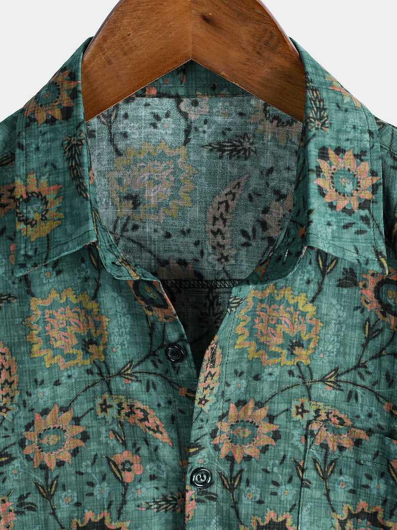 Camisa de manga corta de algodón transpirable con bolsillo y estampado floral retro para hombre