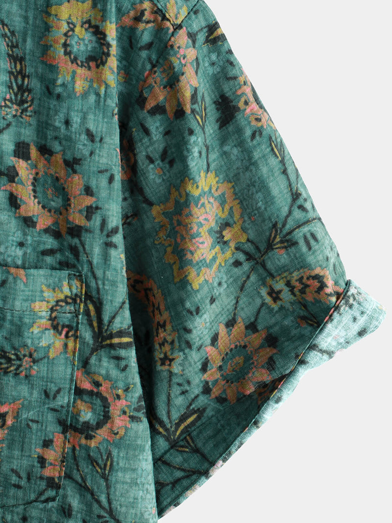 Camisa de manga corta de algodón transpirable con bolsillo y estampado floral retro para hombre