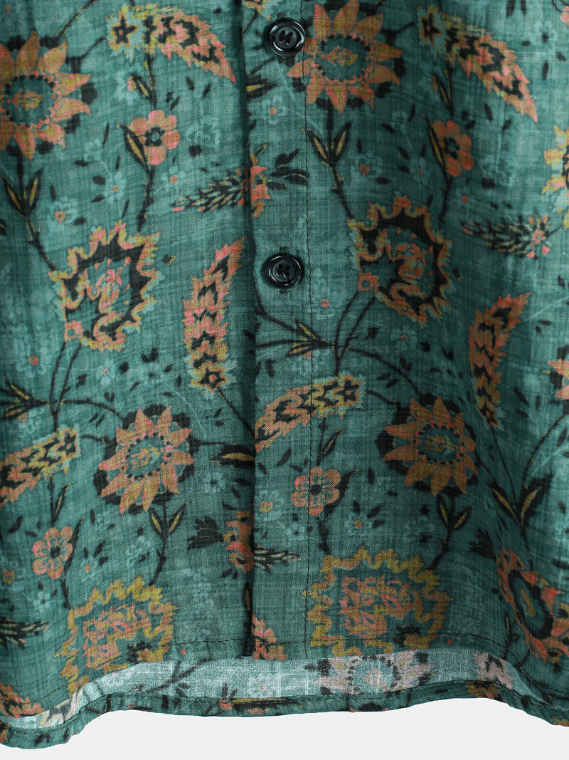 Camisa de manga corta de algodón transpirable con bolsillo y estampado floral retro para hombre