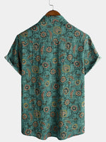 Camisa de manga corta de algodón transpirable con bolsillo y estampado floral retro para hombre