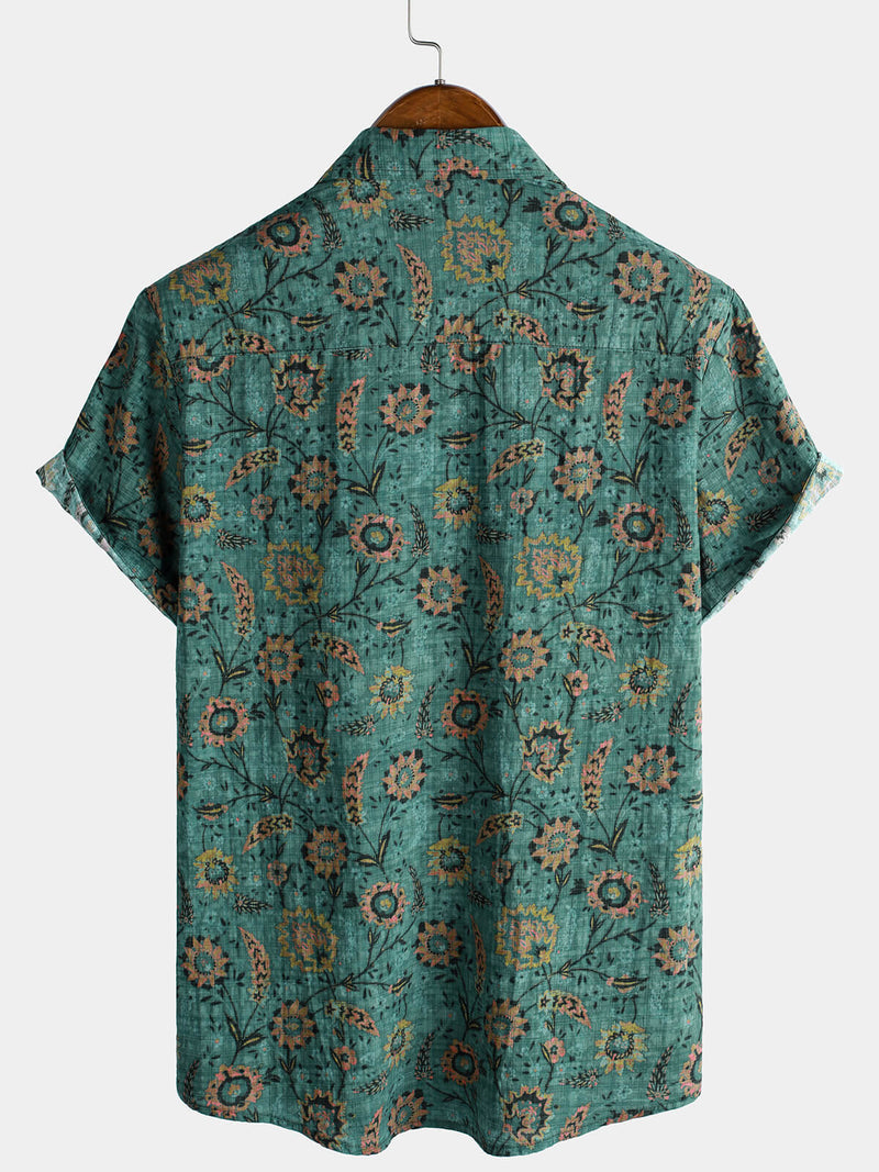 Camisa de manga corta de algodón transpirable con bolsillo y estampado floral retro para hombre