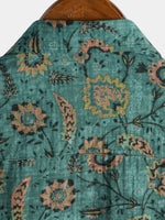 Camisa de manga corta de algodón transpirable con bolsillo y estampado floral retro para hombre