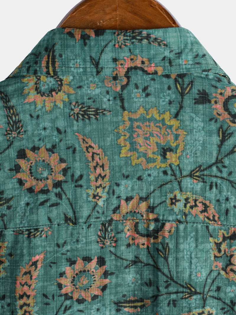 Camisa de manga corta de algodón transpirable con bolsillo y estampado floral retro para hombre