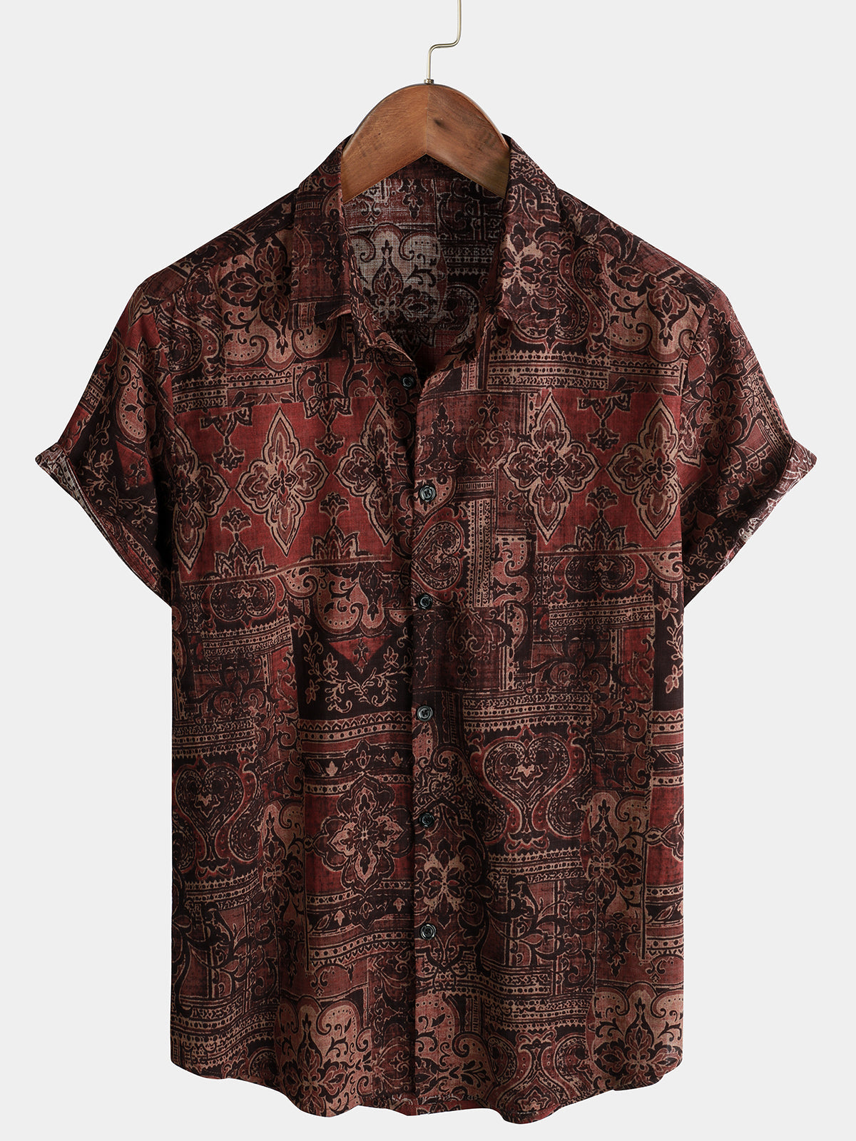 Camisa de manga corta de algodón con estampado floral retro de cachemira marrón para hombre