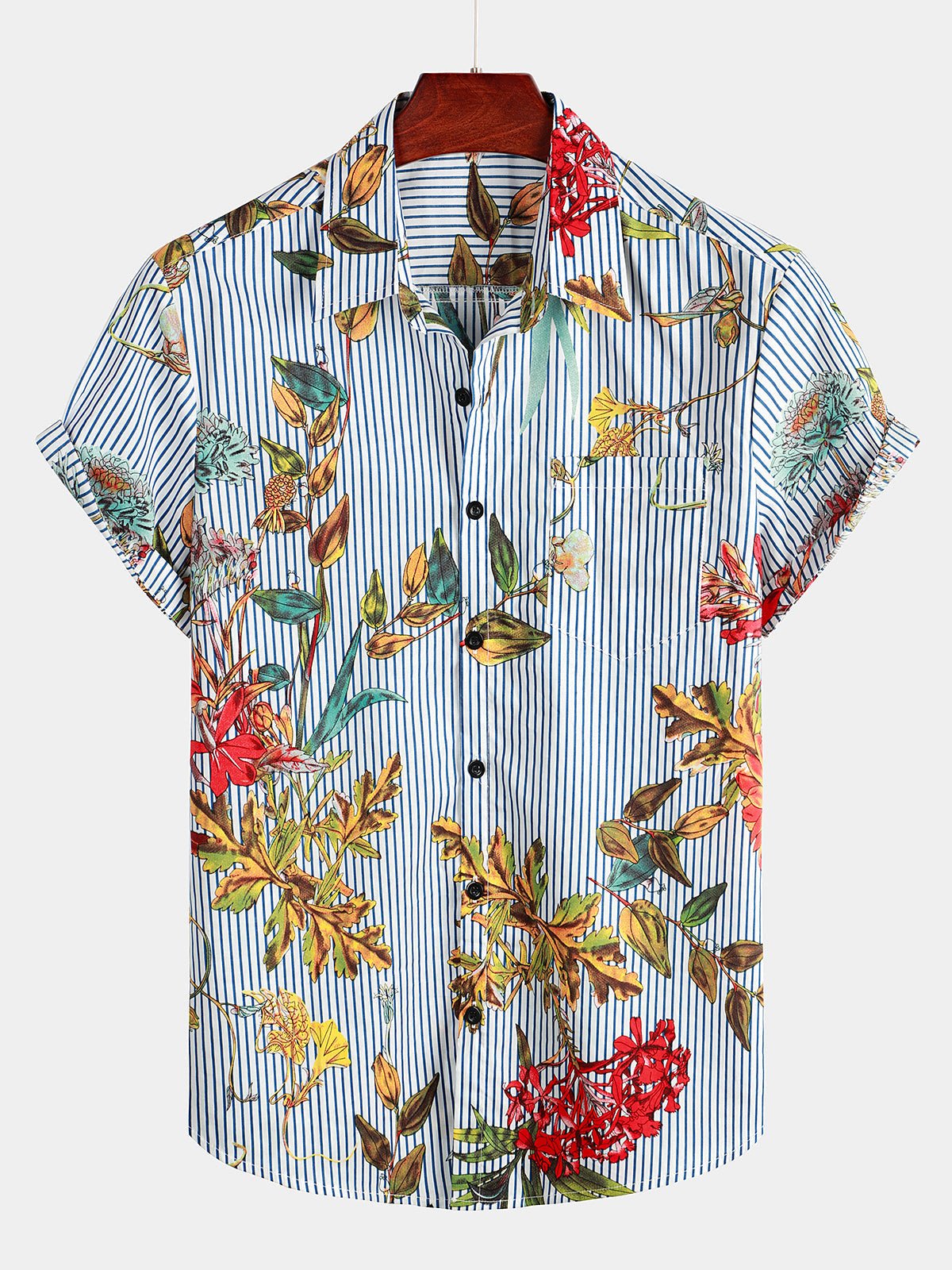 Camisa hawaiana de rayas florales de manga corta para hombre