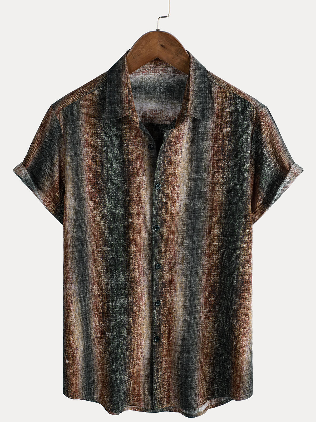 Camisa informal de manga corta con estampado retro a rayas para hombre