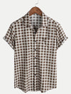 Camisa de manga corta de algodón con bolsillo y estampado de cuadros marrones para hombre