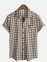 Camisa de manga corta de algodón con bolsillo y estampado de cuadros marrones para hombre