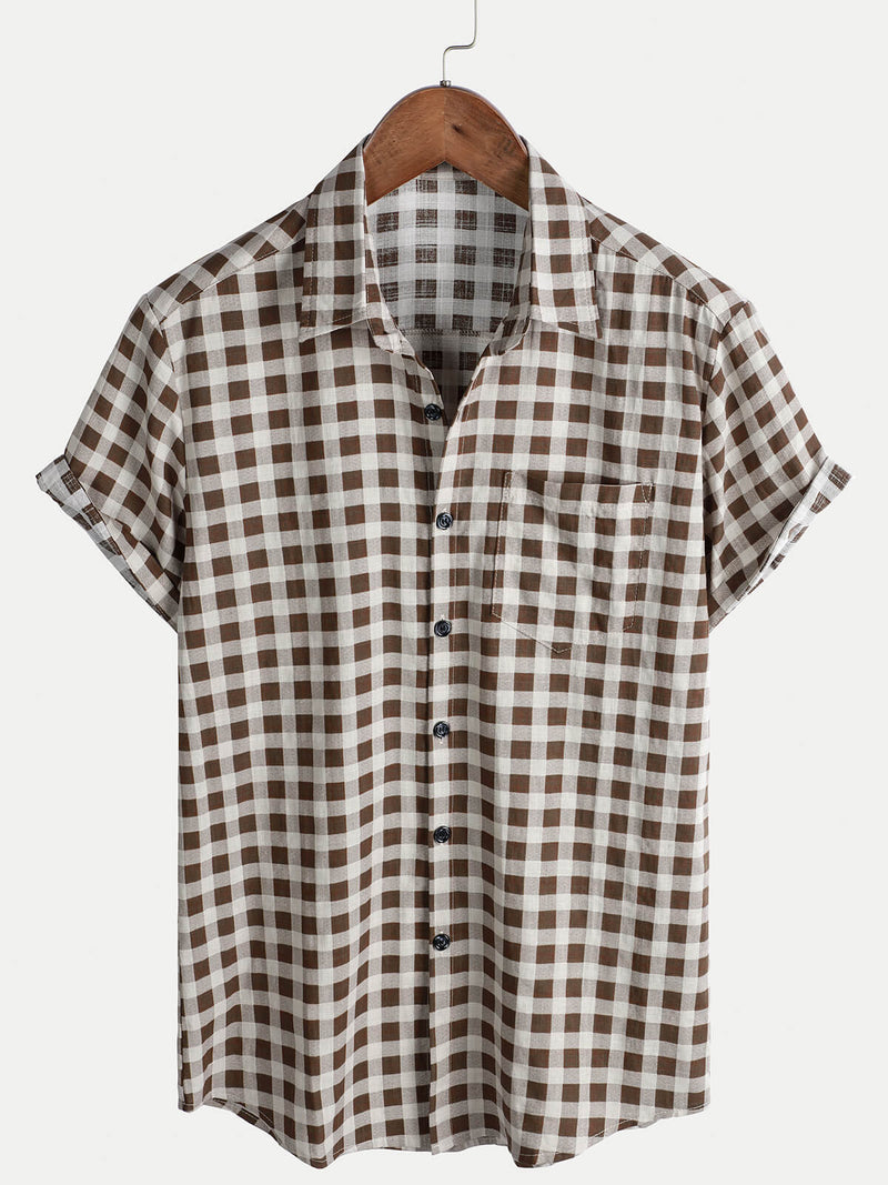 Camisa de manga corta de algodón con bolsillo y estampado de cuadros marrones para hombre