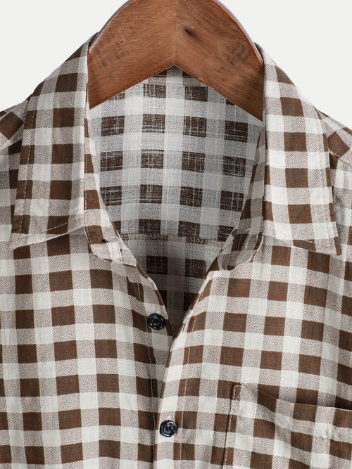 Camisa de manga corta de algodón con bolsillo y estampado de cuadros marrones para hombre