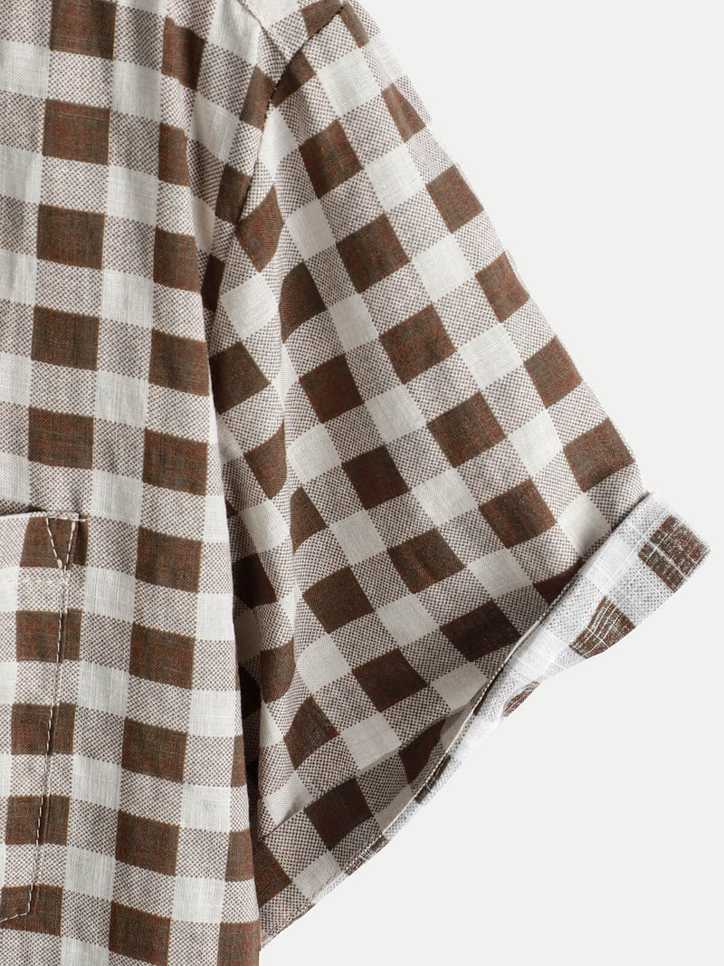 Camisa de manga corta de algodón con bolsillo y estampado de cuadros marrones para hombre