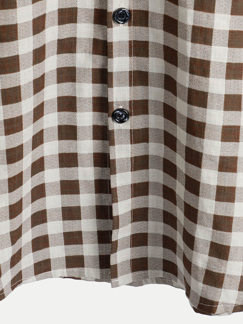 Camisa de manga corta de algodón con bolsillo y estampado de cuadros marrones para hombre
