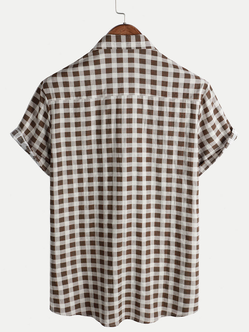 Camisa de manga corta de algodón con bolsillo y estampado de cuadros marrones para hombre