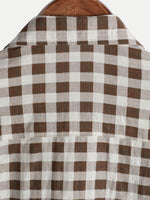 Camisa de manga corta de algodón con bolsillo y estampado de cuadros marrones para hombre